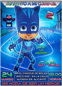 Invitacion Cumpleaños Pj Masks Connor Catboy Gatuno Premium Personalizable