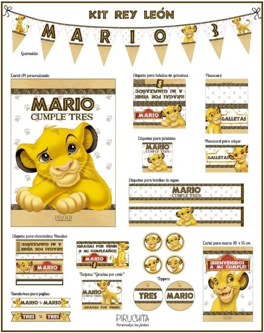 kit de papeleria para decoracion de cumpleaños de el rey leon