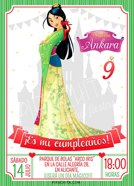 Invitacion Cumpleaños Mulan Personalizada Piruchita